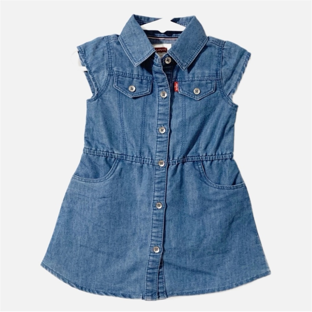 Levi’s Button Front Denim Jean Dress Pointed Collar Elastic Waist Pockets Cap